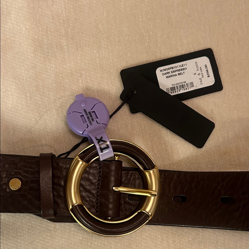 rag & bone Dark Brown Leather Belt with Gold Ring Buckle